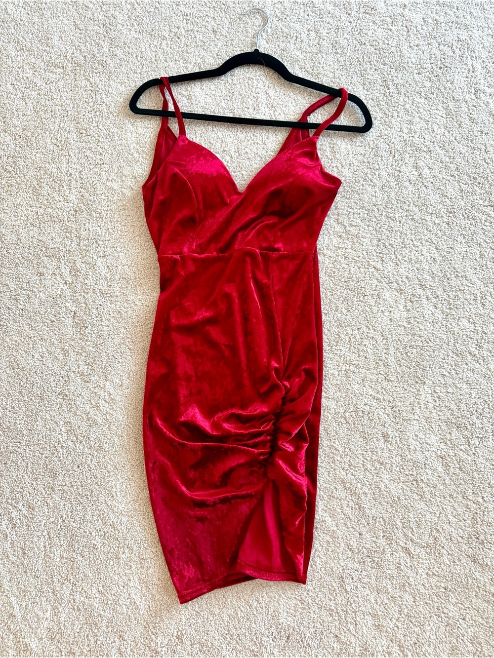 Red Velvet Spaghetti Strap Ruched Bodycon Mini Dress